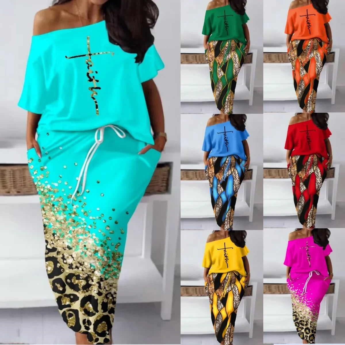 Elegant African Half Sleeve Polyester Print 2pieces Skirt Sets