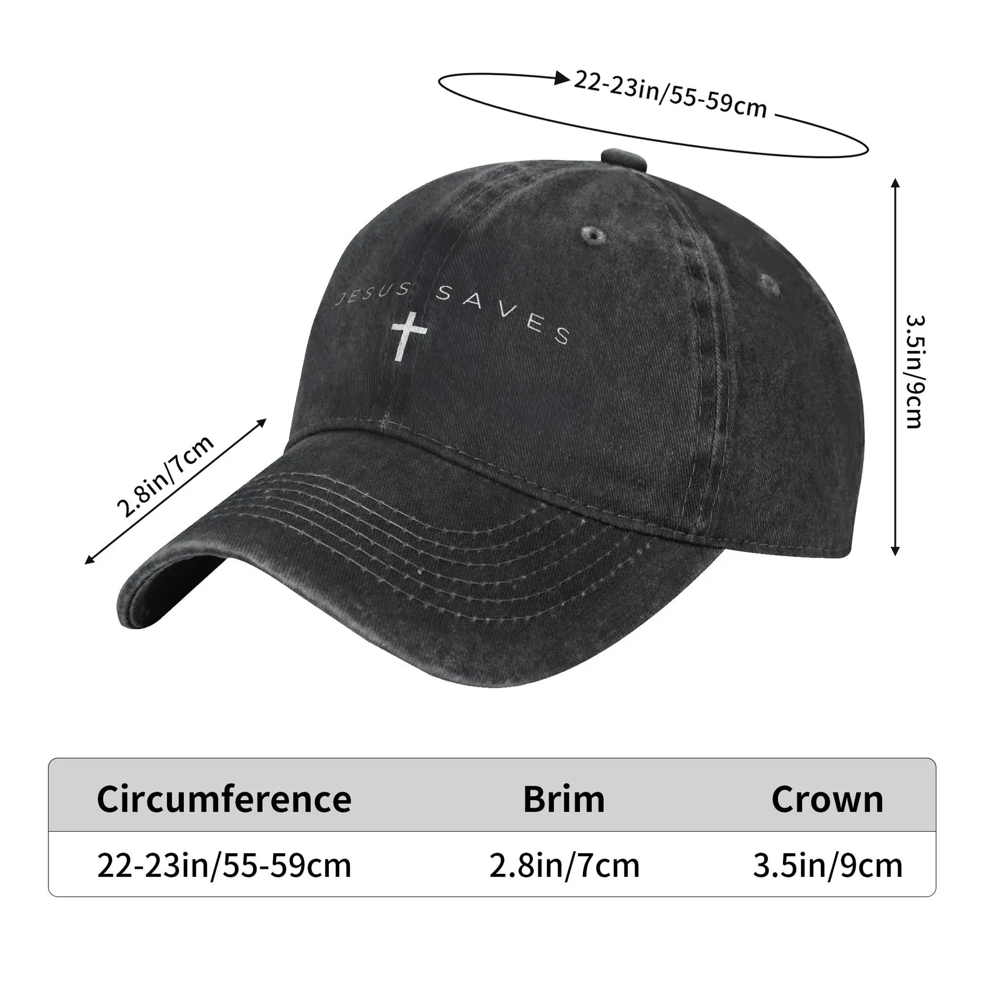 Black baseball cap with measurements on a white background