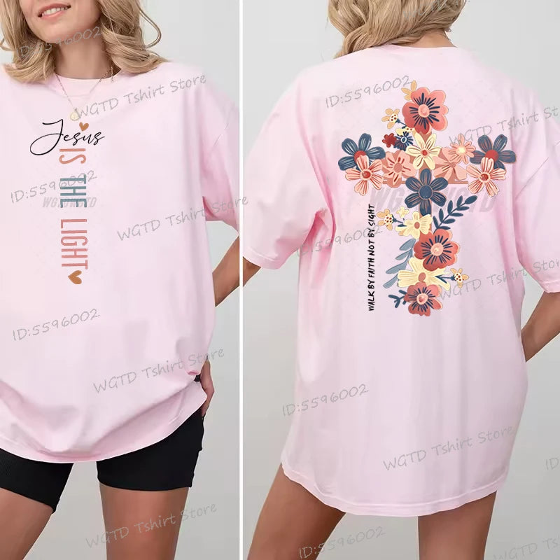 Jesus Is The Light Inspirational Floral Cross T Shirt