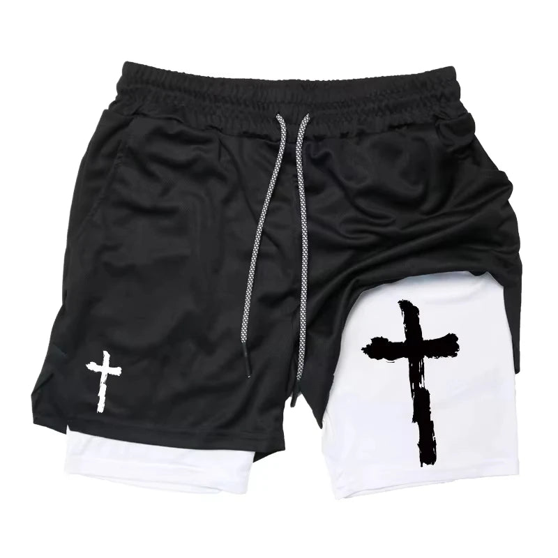 Cross & Bible Verse 2-in-1 Athletic Shorts – Men’s Quick-Dry Christian Sports & Beach Shorts