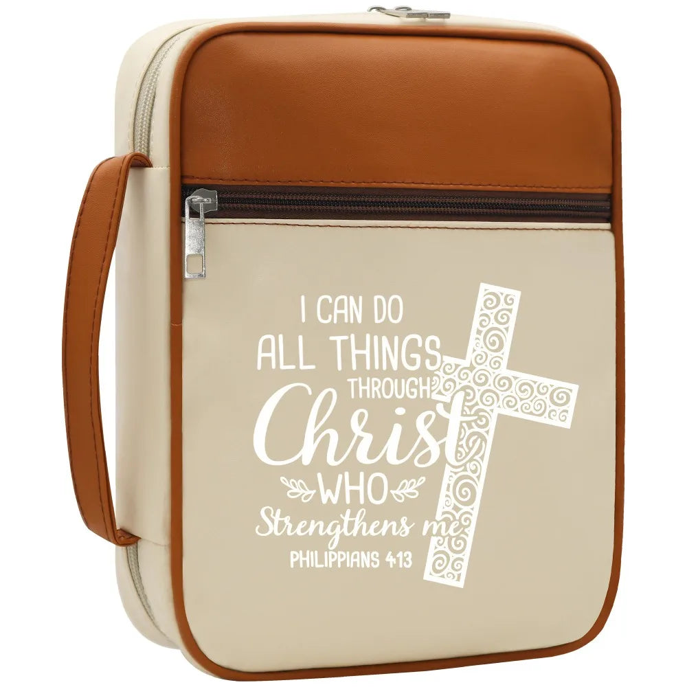 Christian Bible Cover with Handle – "I Can Do All Things Through Christ" Zipper Bible Case Organizer