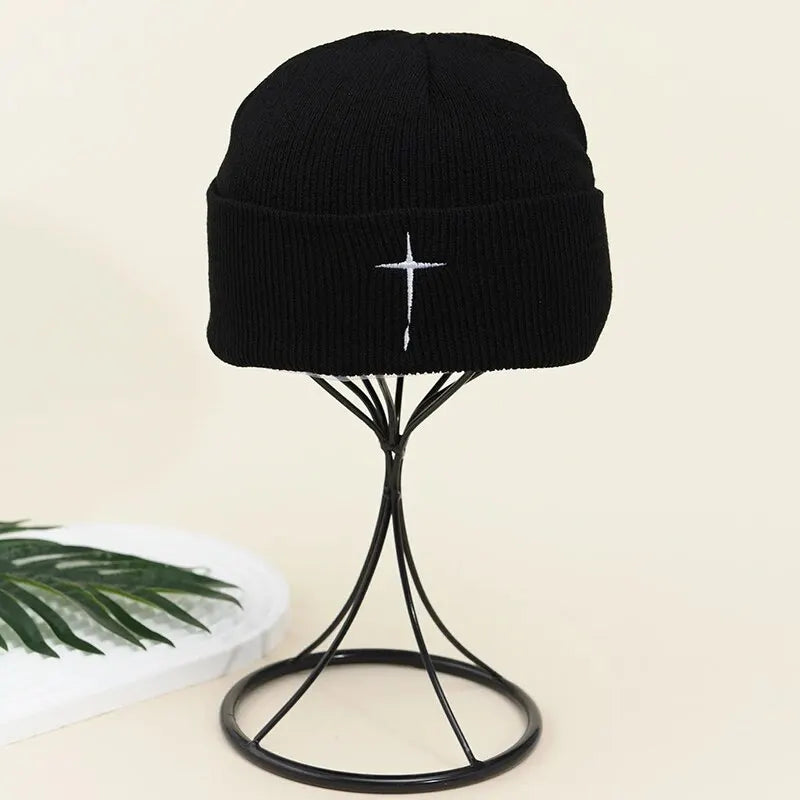 Embroidered Cross Knit Hat