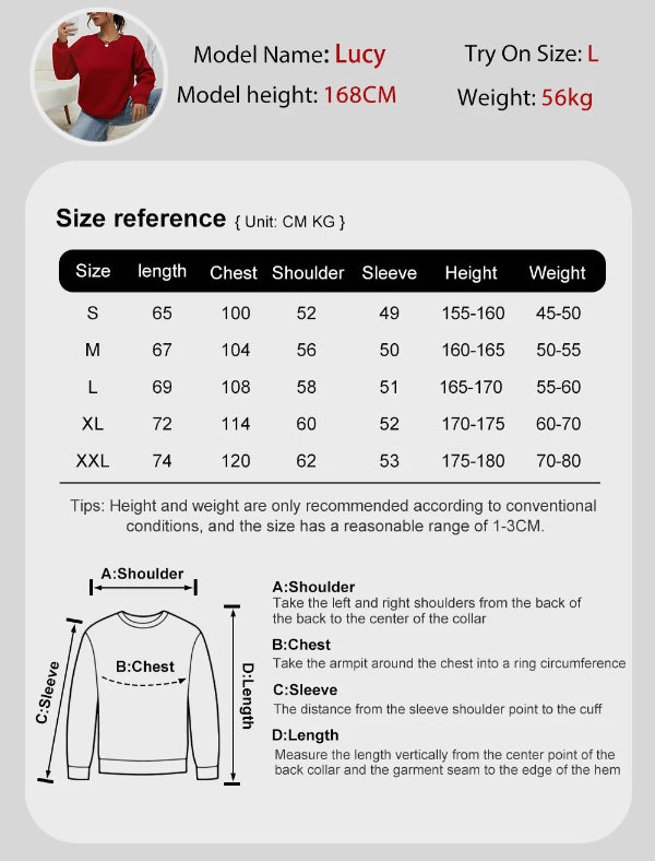 Size chart for a sweatshirt with measurements and reference model details.