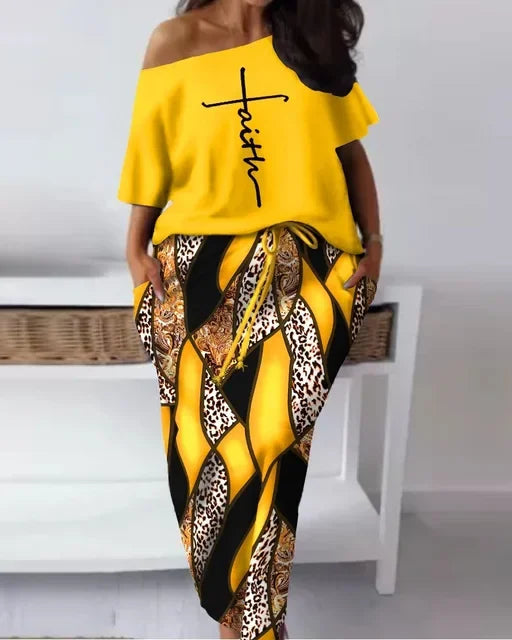 Elegant African Half Sleeve Polyester Print 2pieces Skirt Sets