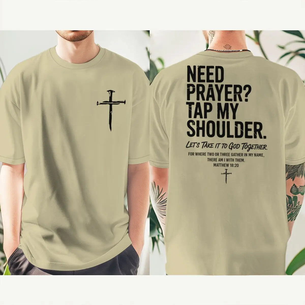 A man modeling a light beige t-shirt, showing both the front and back views. The front features a black cross graphic on the left chest.