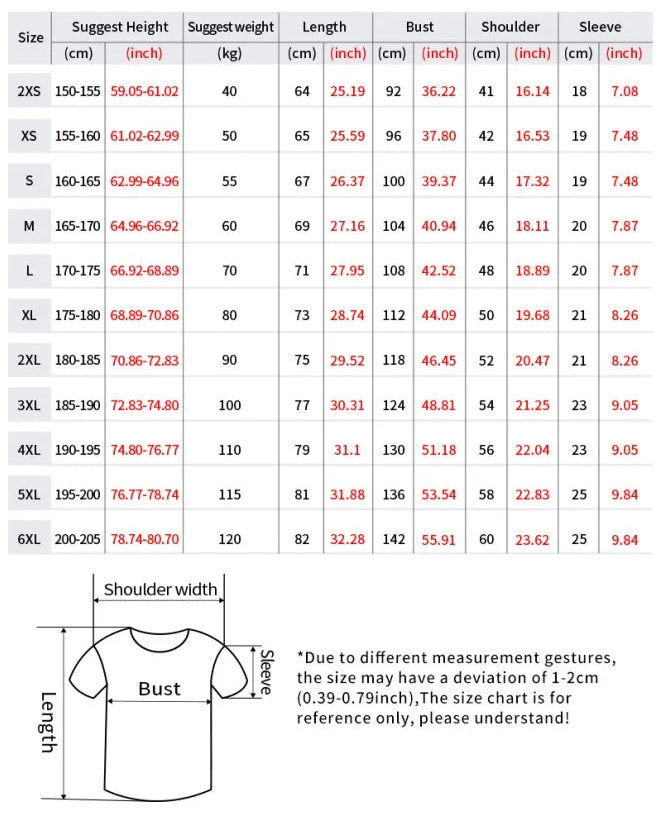 Size chart for a round neck t-shirt with measurements in centimeters and inches.