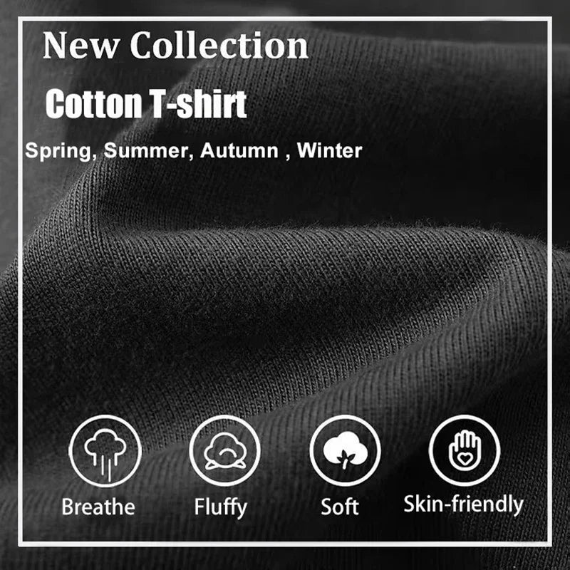 Black cotton t-shirt fabric with text about a new collection suitable for all seasons, and icons indicating breathability, softness, and skin-friendliness.