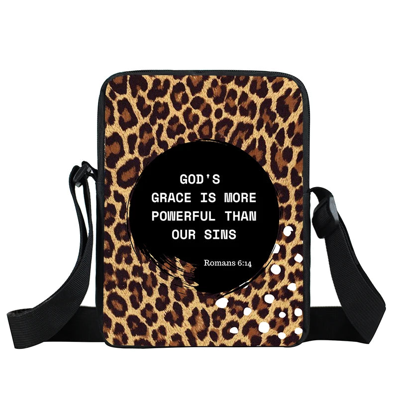 Leopard print bag with motivational quote on a white background