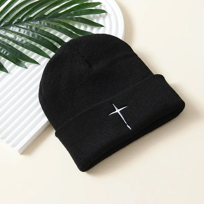 Embroidered Cross Knit Hat