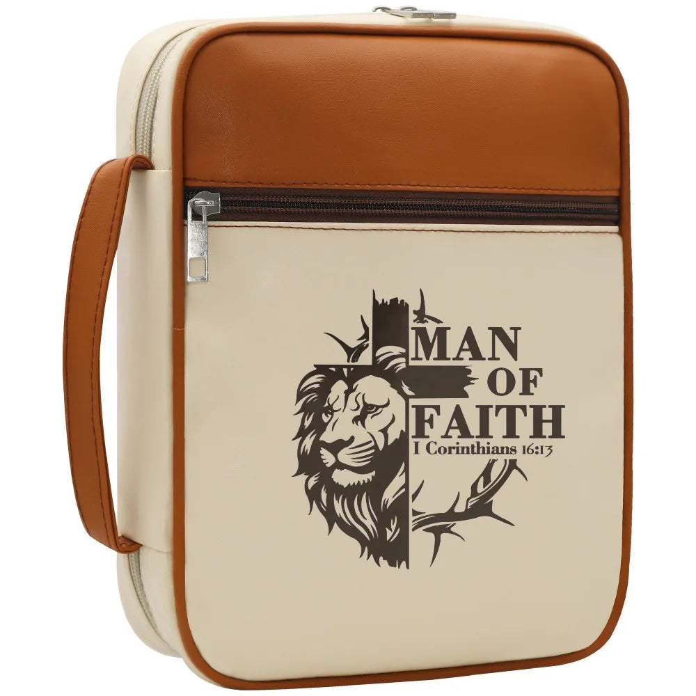Men's "Man of Faith" Lion Cross Bible Cover with Handle – Christian Zipper Bible Case Organizer