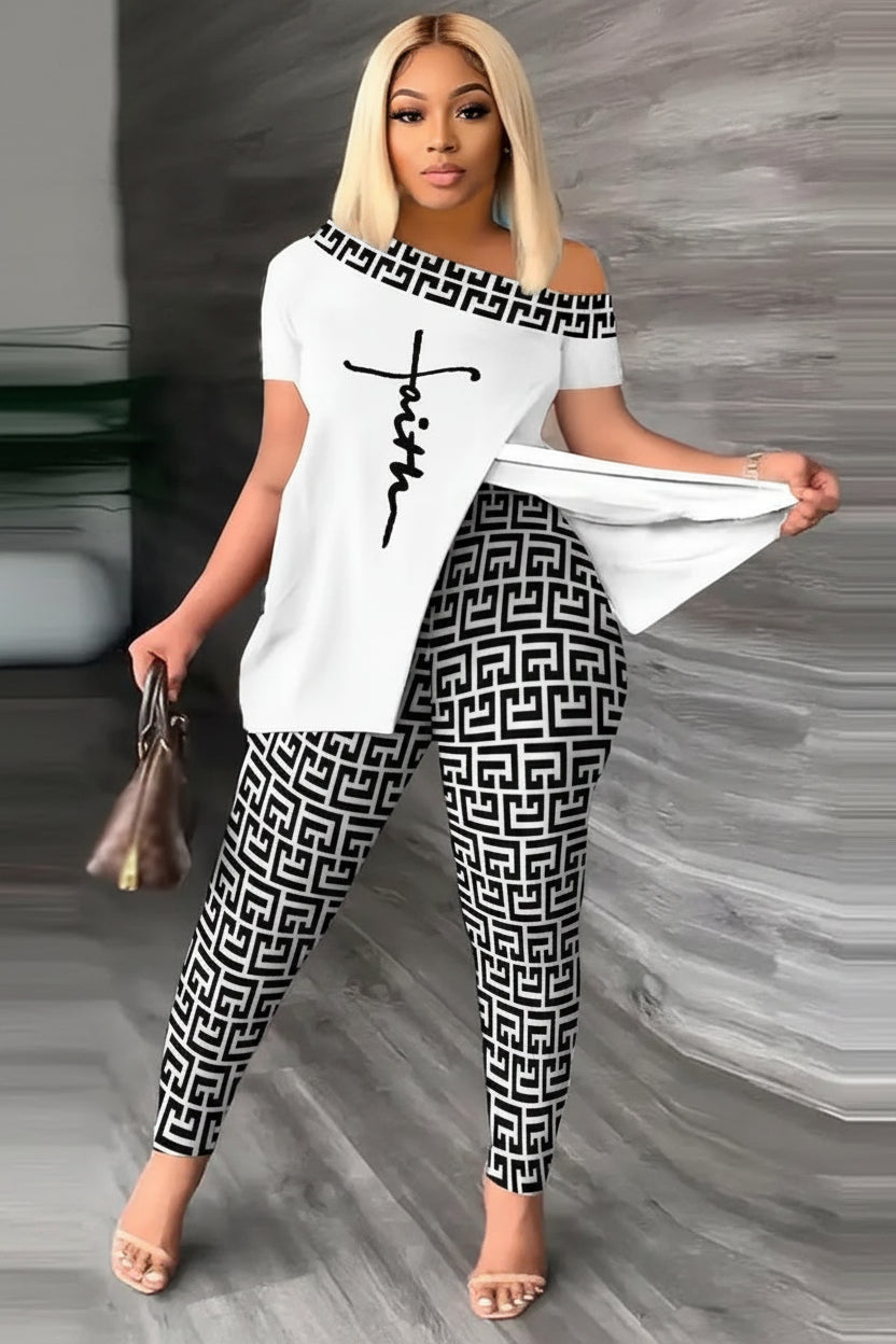 Woman wearing a white off-shoulder top with 'Faith' printed on it and black and white patterned pants.