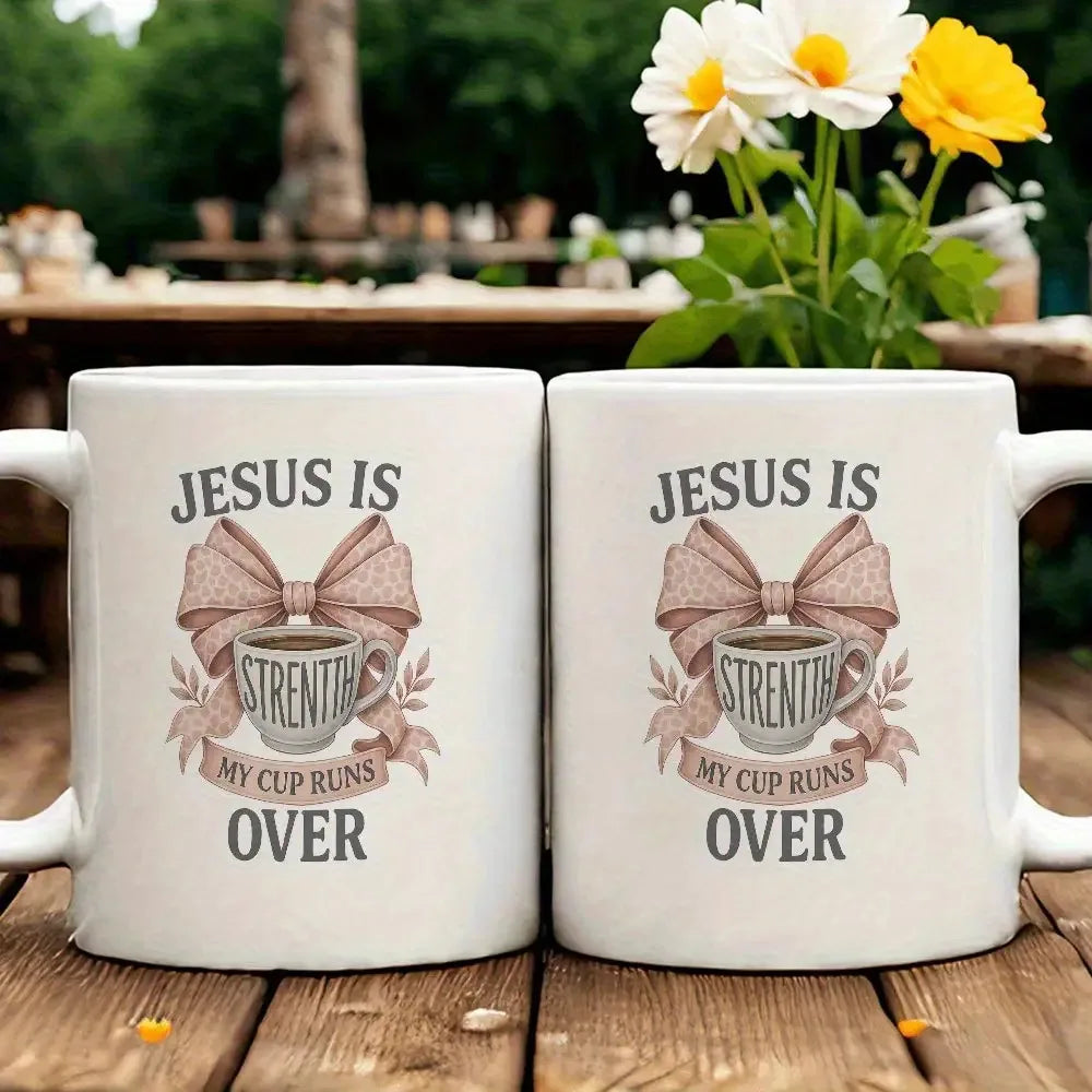Jesus Is My Strength Ceramic Coffee Mug – Floral Bow Scripture Mug