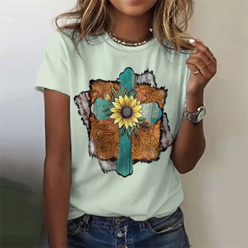 Jesus Praying Mama Sunflower Cross T-Shirt | Christian Women's Faith Tee