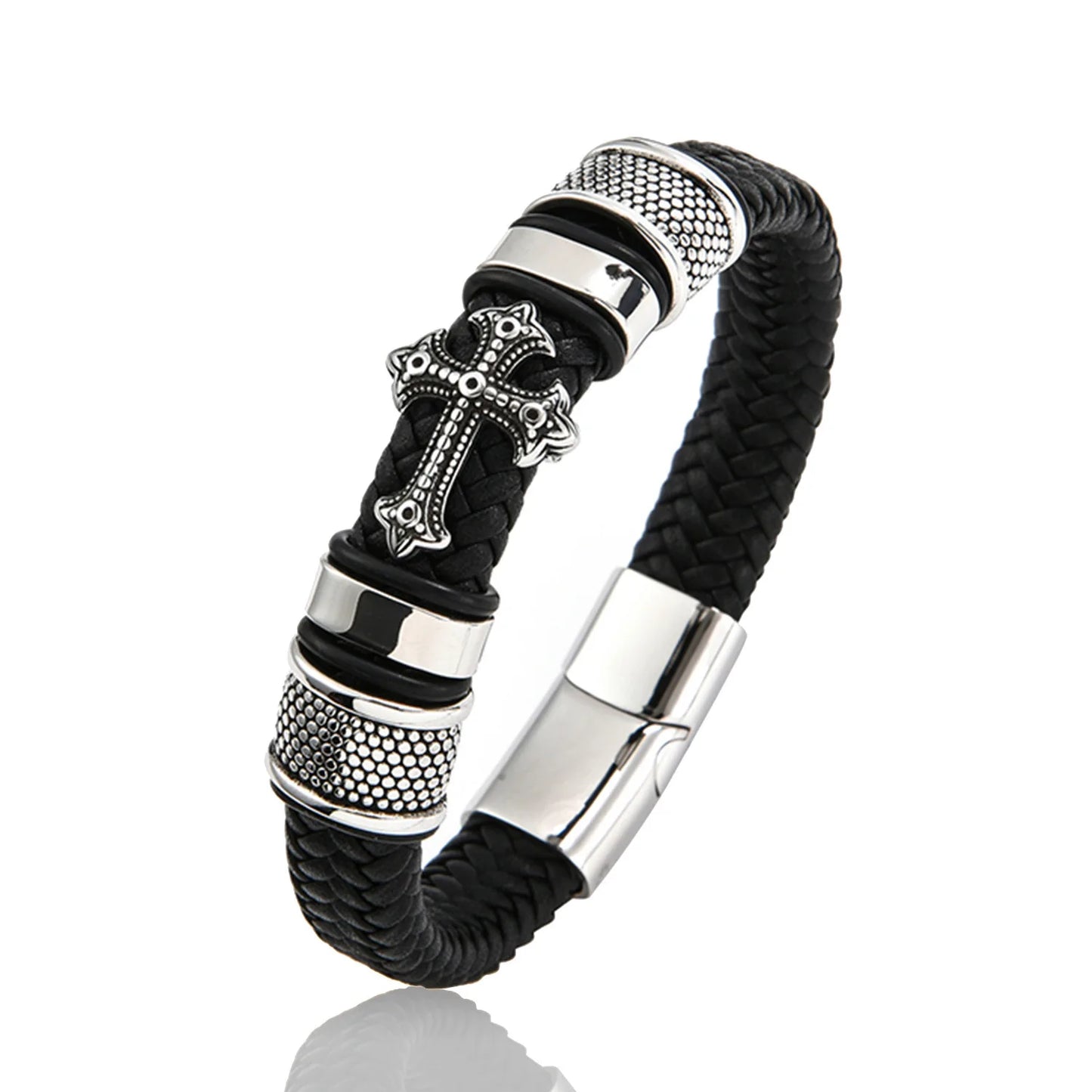 Stainless Steel Cross on Braided Multilayer Leather Bracelet