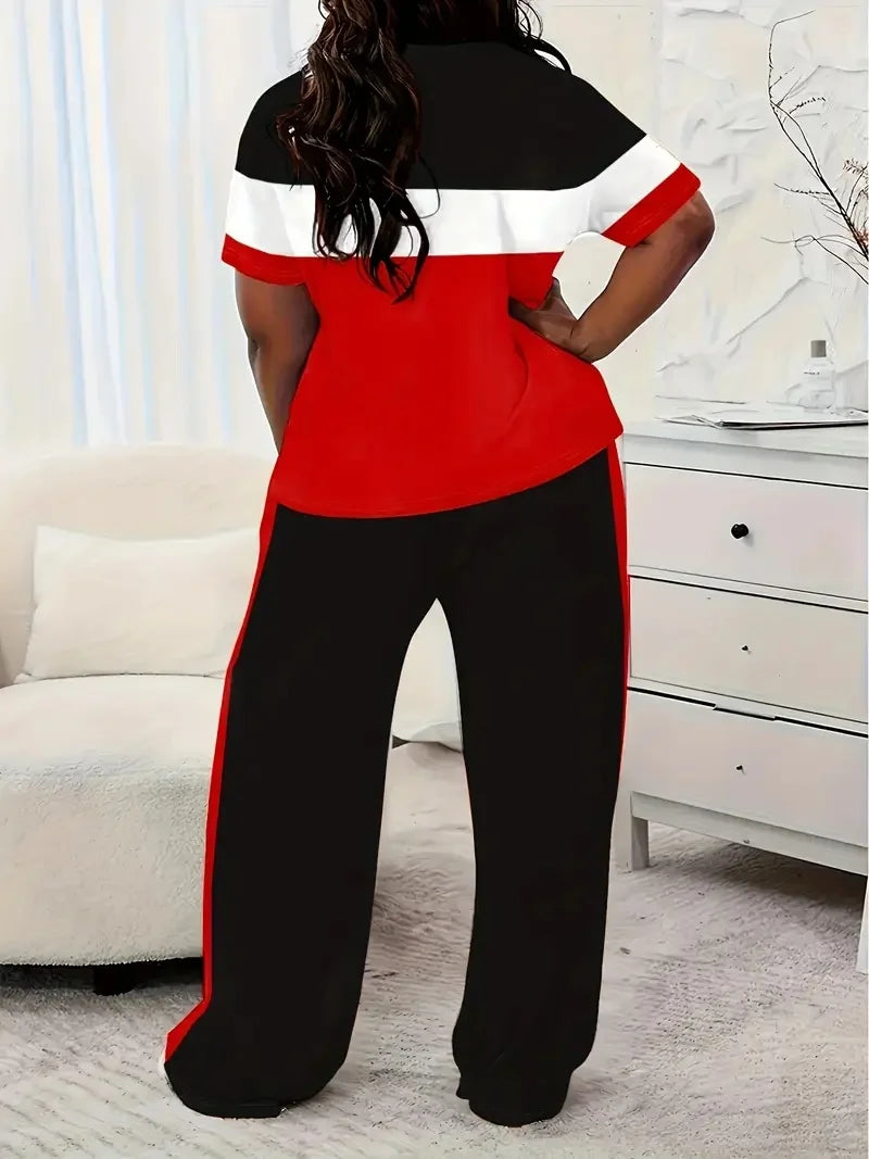 Women's Casual Colorblock Short-Sleeved Printed Loose Pocket Pants Suit