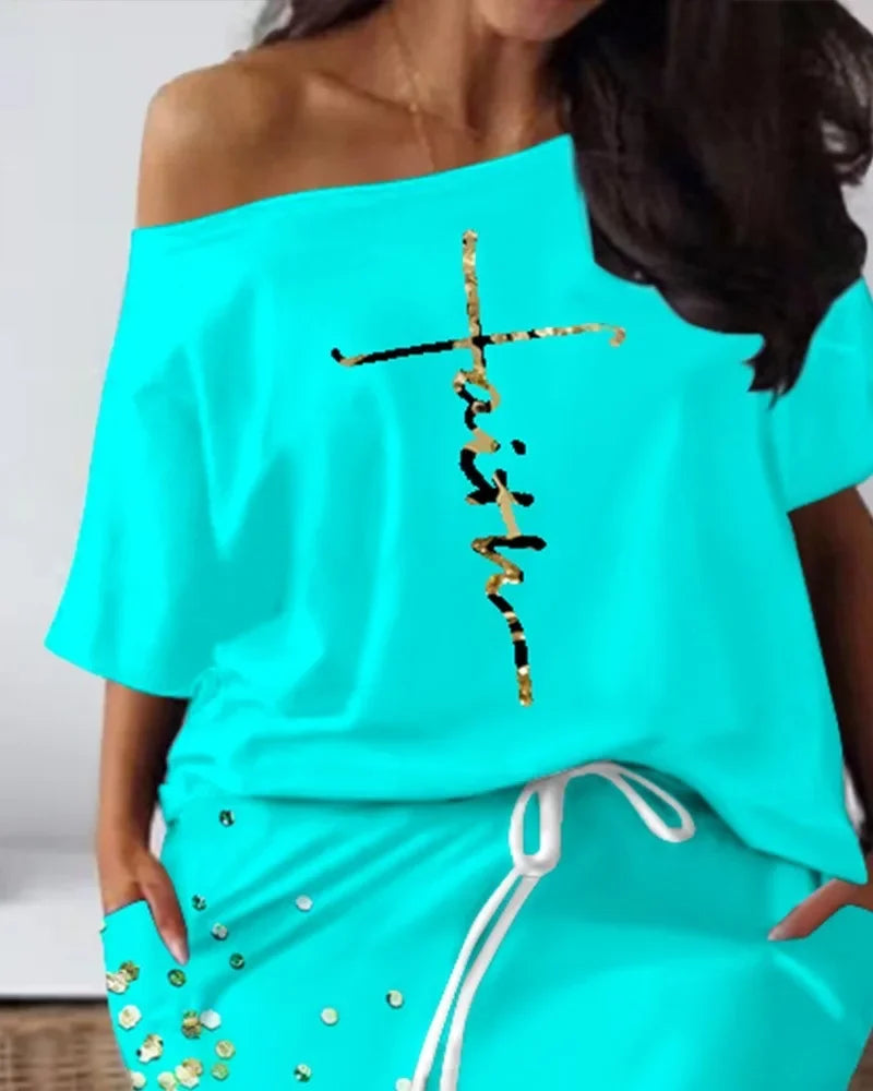 Elegant African Half Sleeve Polyester Print 2pieces Skirt Sets