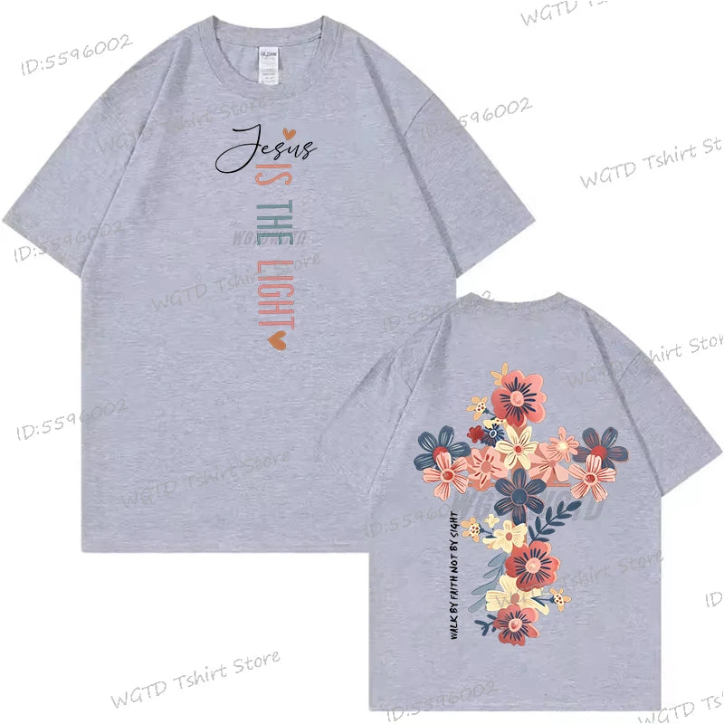 Jesus Is The Light Inspirational Floral Cross T Shirt