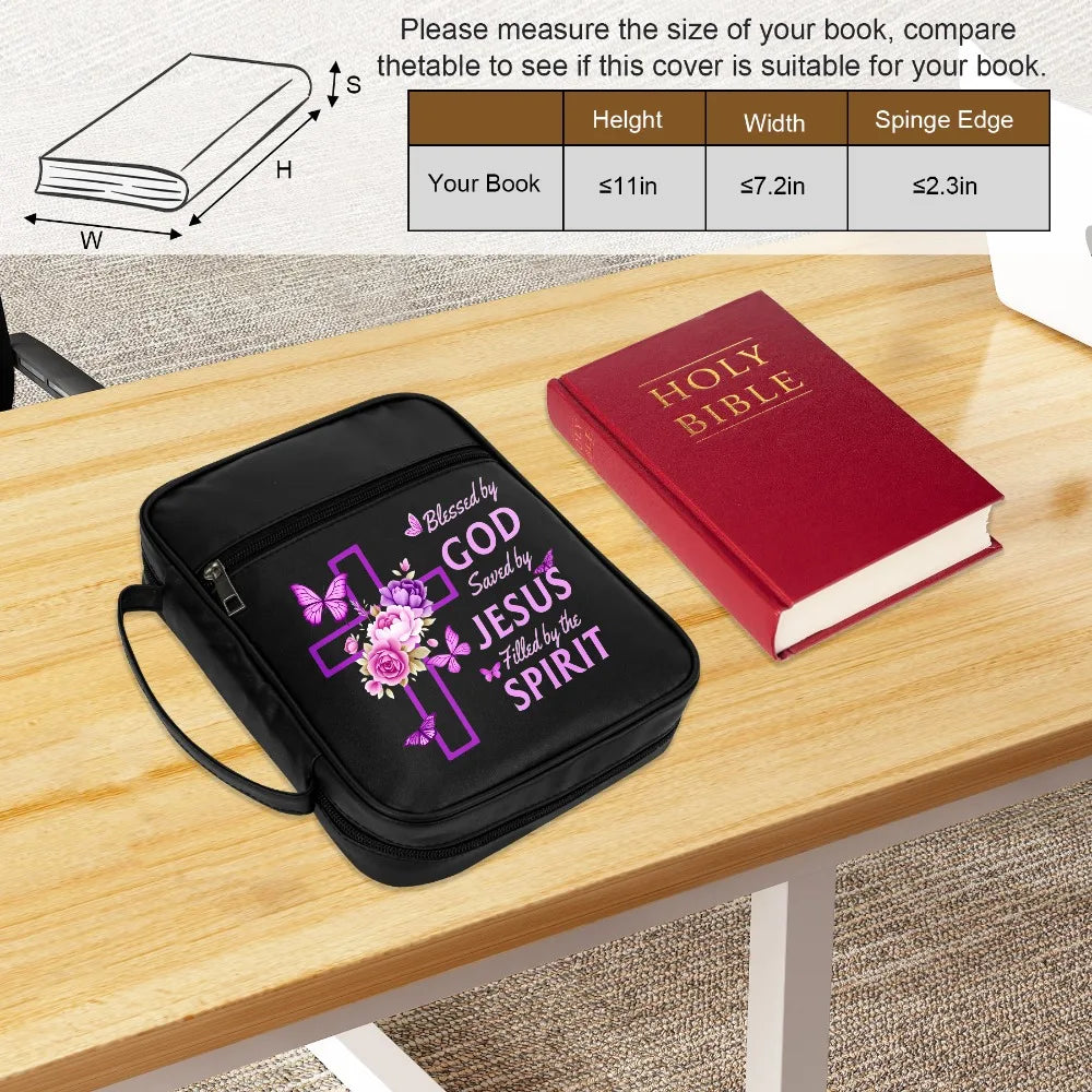 Christian Bible Cover with Handle – "Blessed by God, Saved by Jesus, Filled by the Spirit" Zipper Bible Case