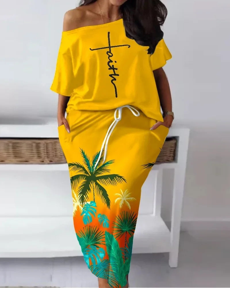 Elegant African Half Sleeve Polyester Print 2pieces Skirt Sets