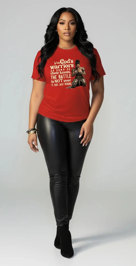 When God’s Warriors Go Down on Their Knees T-Shirt – Inspirational Christian Faith Tee for Women
