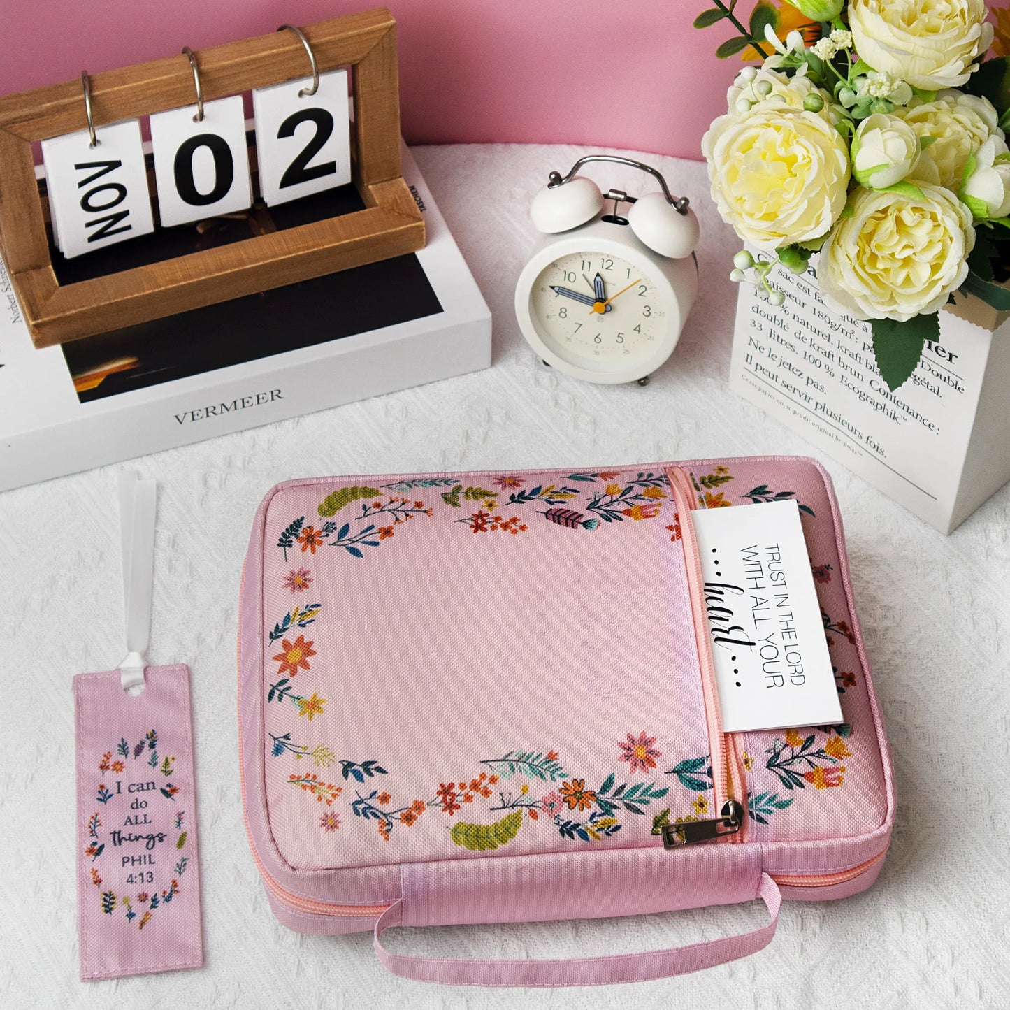 Pink Floral Philippians 4:13 Bible Cover for Women | Zipper Scripture Case with Handle