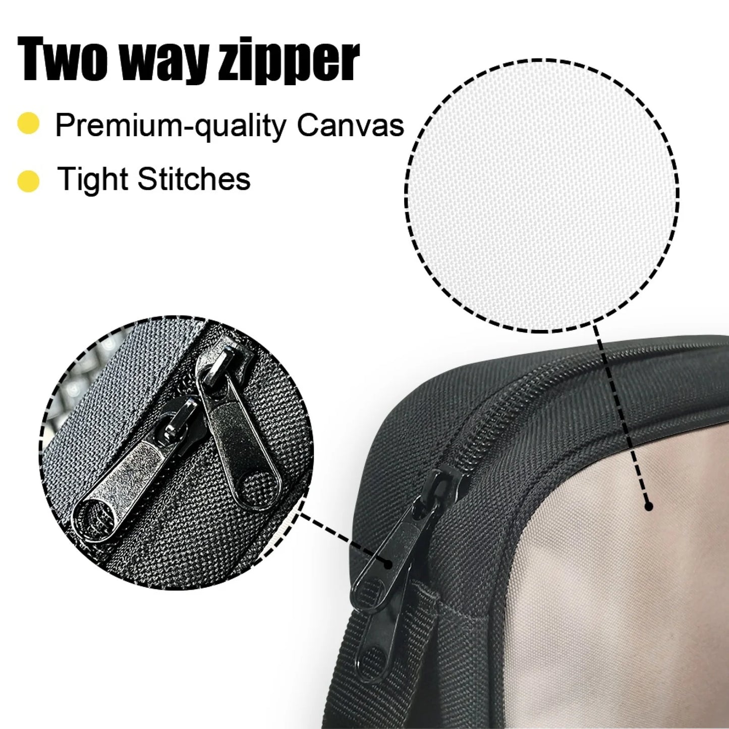 Two-way zipper with premium-quality canvas and tight stitches on a product.