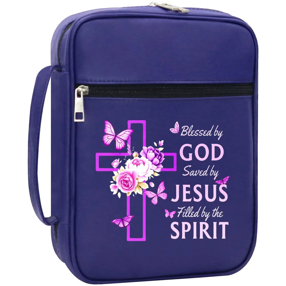 Christian Bible Cover with Handle – "Blessed by God, Saved by Jesus, Filled by the Spirit" Zipper Bible Case