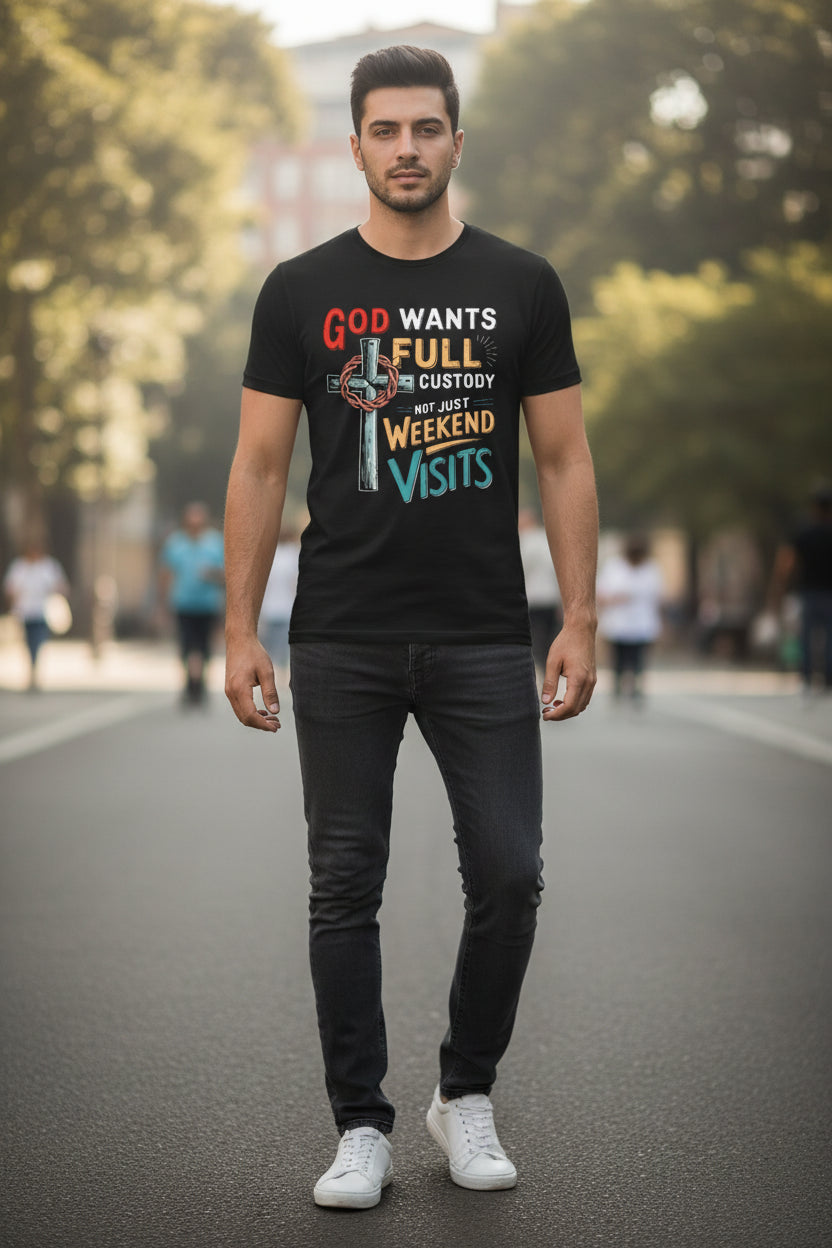 A black short-sleeve graphic T-shirt laid flat on a textured beige surface. The shirt features a colorful distressed typographic design with a cross and crown of thorns, reading 'GOD WANTS FULL CUSTODY NOT JUST WEEKEND VISITS' in red, white, yellow, and blue lettering.