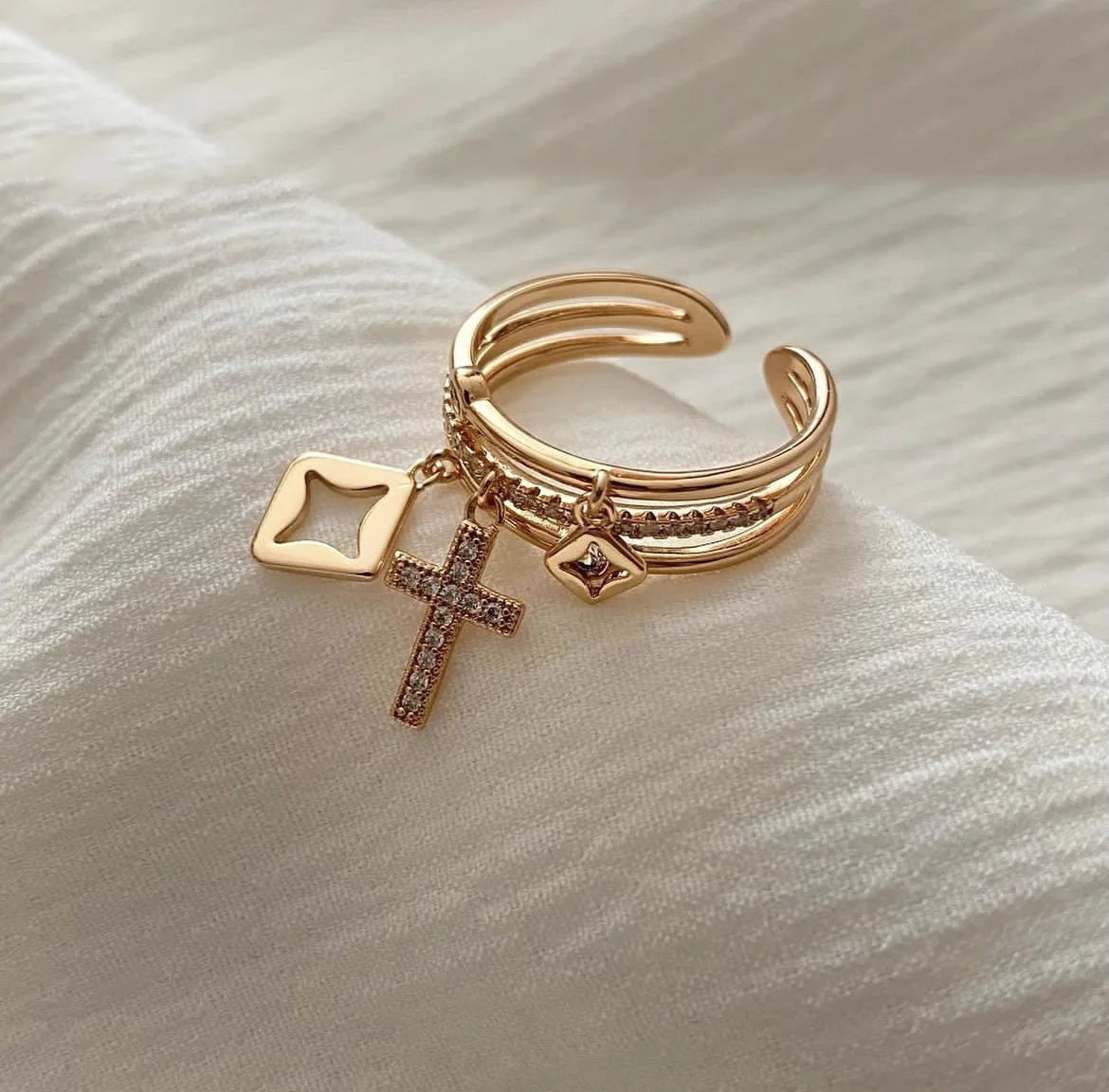 18K Gold Plated Stacked Cross Ring