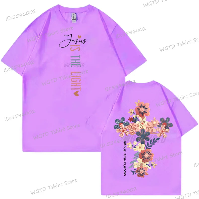 Jesus Is The Light Inspirational Floral Cross T Shirt