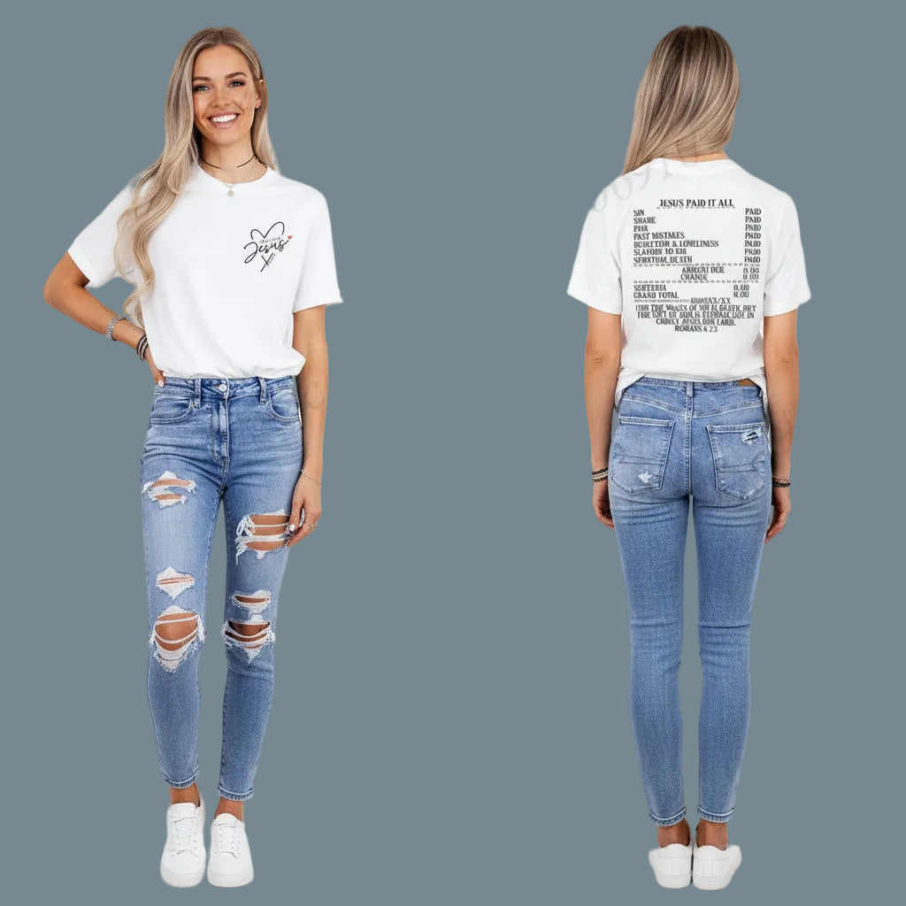 Woman wearing a Jesus Paid It All Romans 6:23 Christian T-shirt with Love Like Jesus front graphic and Gospel receipt design on the back.