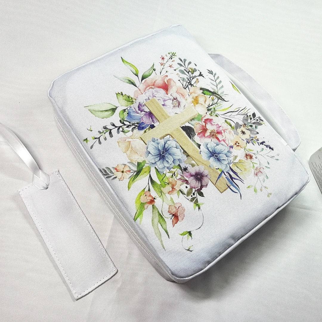 Floral Bible Cover with Handle & Pocket – Bible Organizer Case with Bookmark for Women & Girls