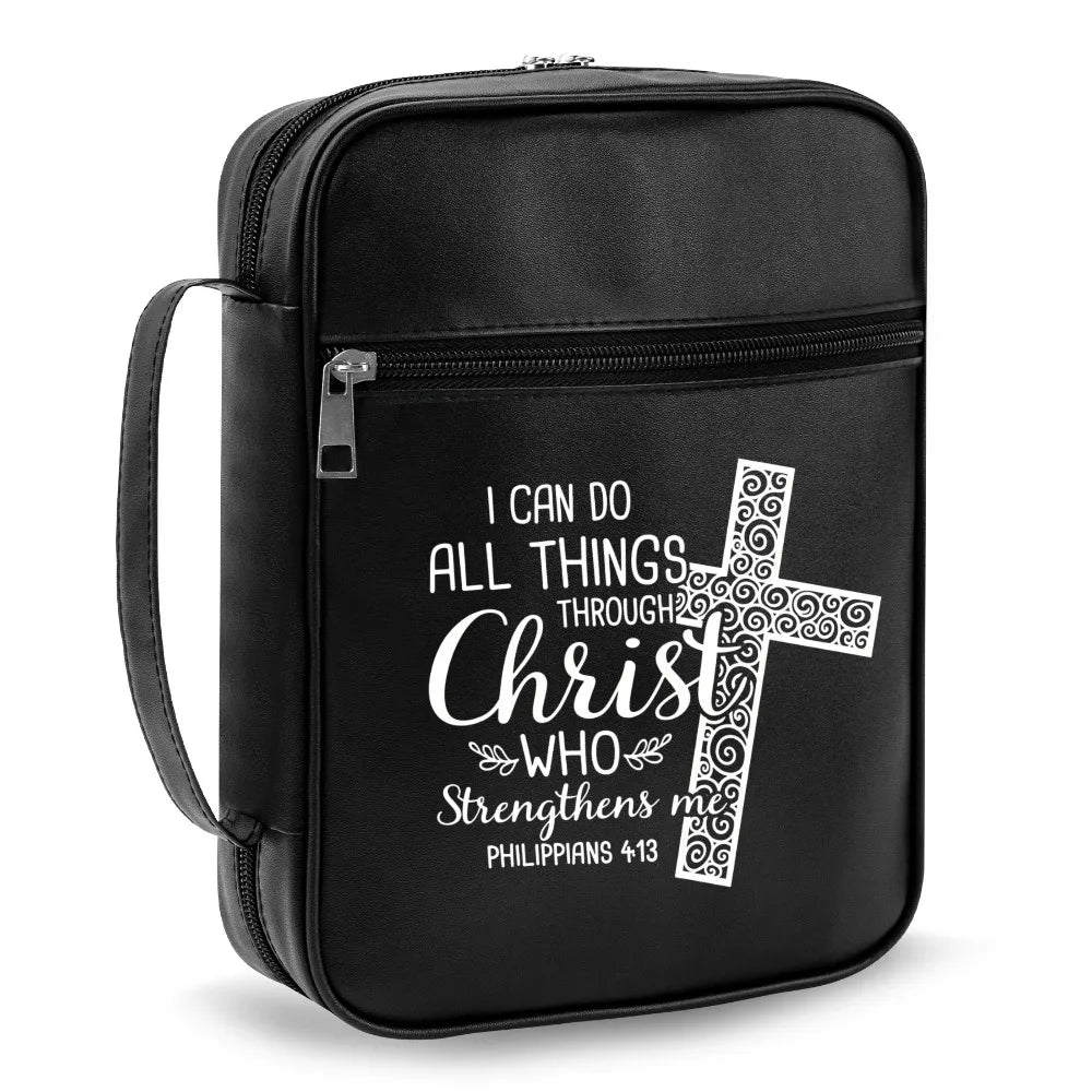 Christian Bible Cover with Handle – "I Can Do All Things Through Christ" Zipper Bible Case Organizer