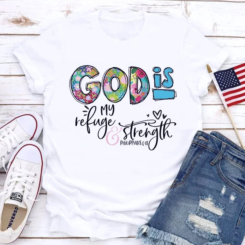 GOD IS My Refuge and Strength Creative Printed Casual Short Sleeve T-shirt