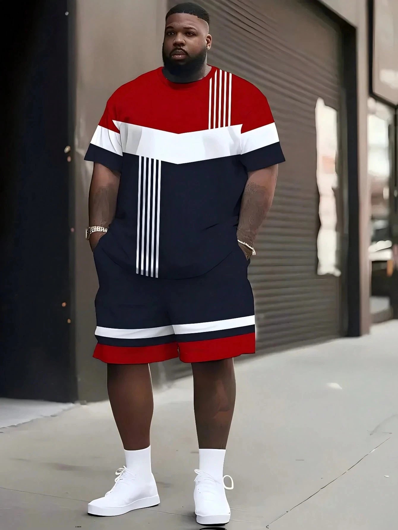 Man wearing a red, white, and blue outfit with matching shoes on a city street.