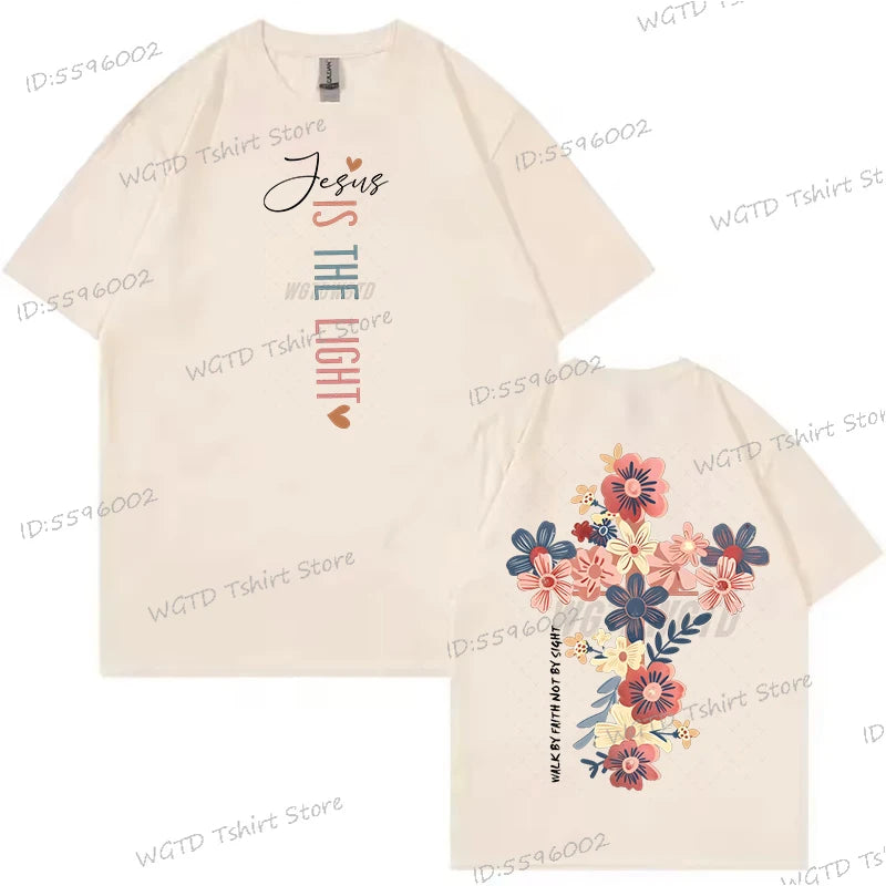 Jesus Is The Light Inspirational Floral Cross T Shirt