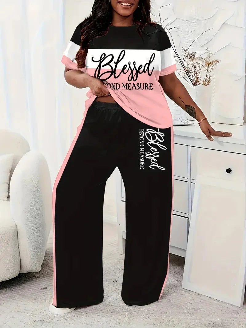 Women's Casual Colorblock Short-Sleeved Printed Loose Pocket Pants Suit