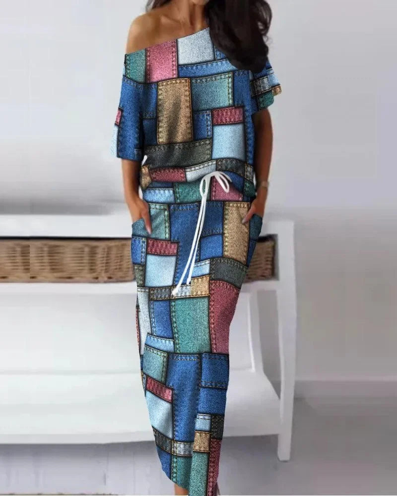 Elegant African Half Sleeve Polyester Print 2pieces Skirt Sets