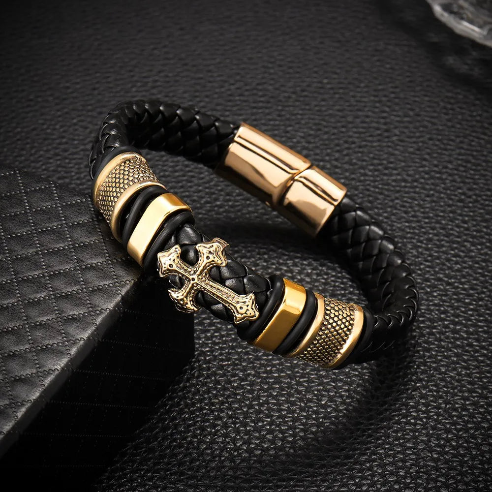 Stainless Steel Cross on Braided Multilayer Leather Bracelet