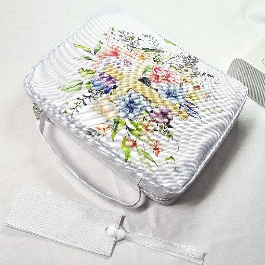 Floral Bible Cover with Handle & Pocket – Bible Organizer Case with Bookmark for Women & Girls