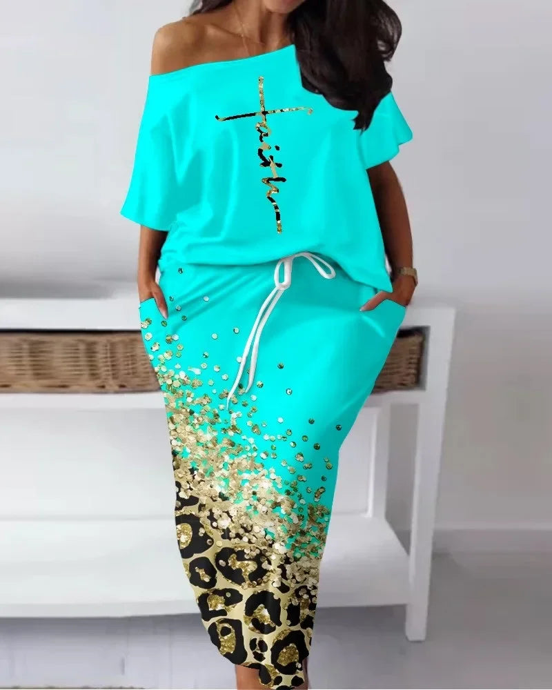 Elegant African Half Sleeve Polyester Print 2pieces Skirt Sets