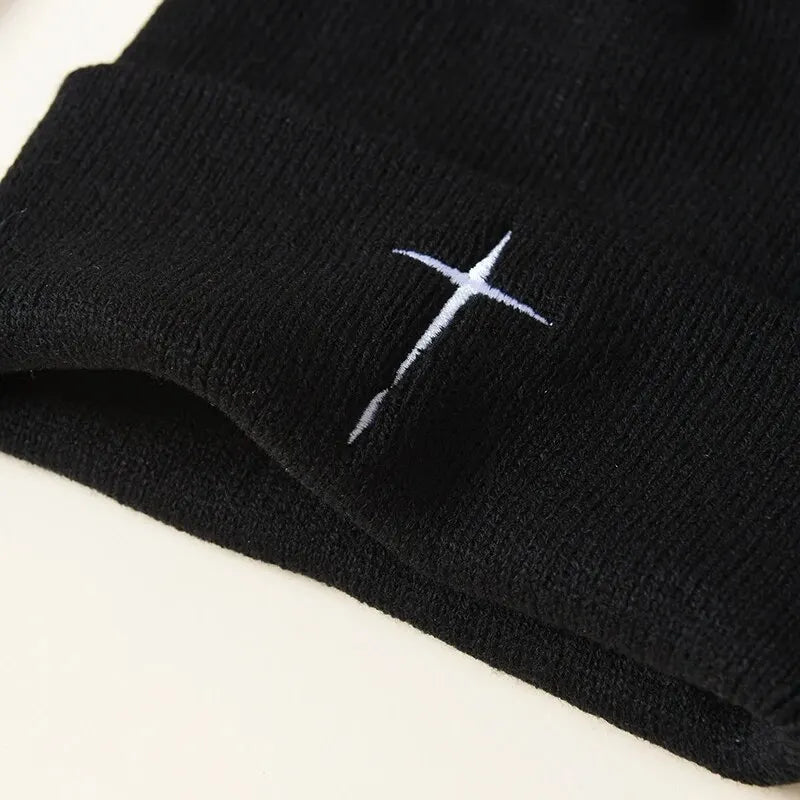 Embroidered Cross Knit Hat