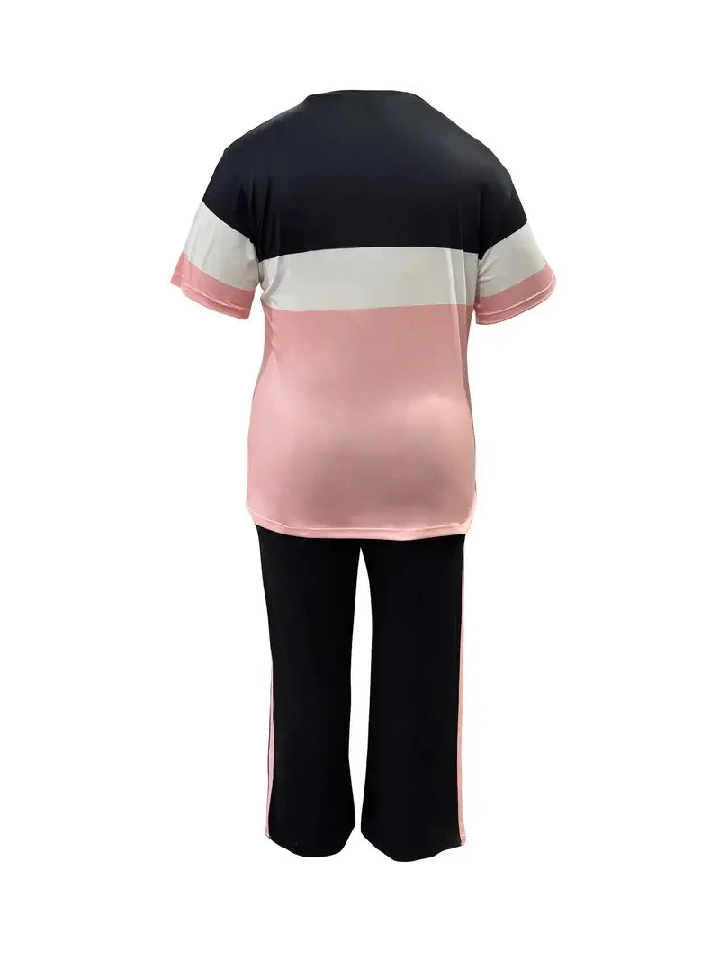 Women's Casual Colorblock Short-Sleeved Printed Loose Pocket Pants Suit