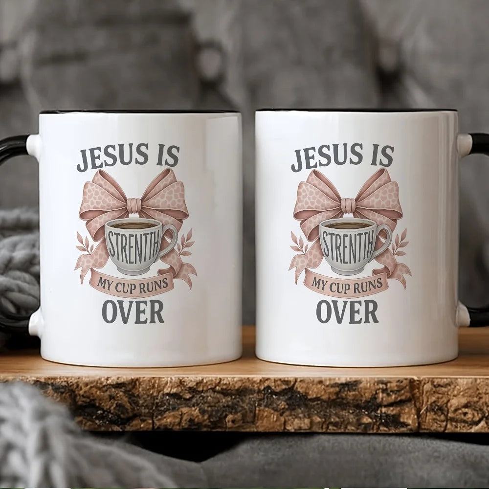 Jesus Is My Strength Ceramic Coffee Mug – Floral Bow Scripture Mug