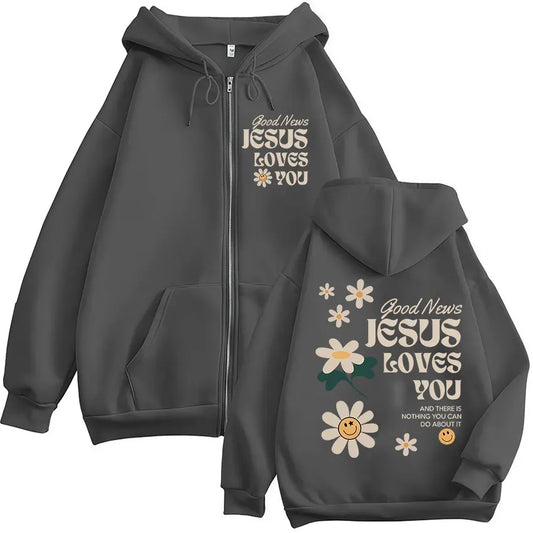 Good News, Jesus Loves You Zip-Up Hoodie | Christian Floral Graphic Sweatshirt