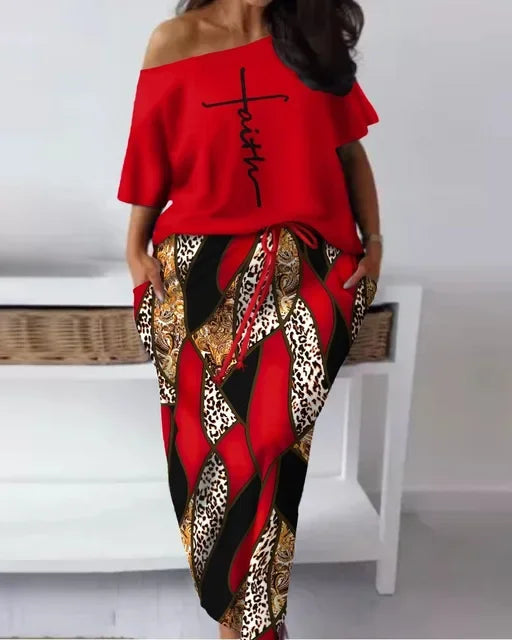 Elegant African Half Sleeve Polyester Print 2pieces Skirt Sets