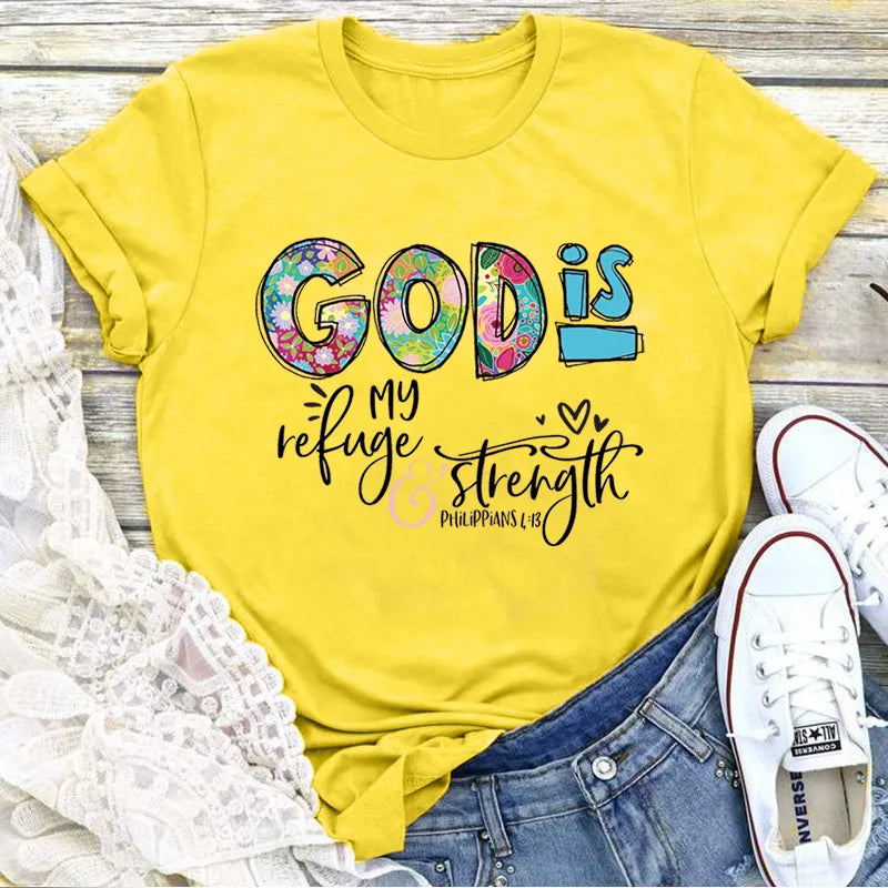 GOD IS My Refuge and Strength Creative Printed Casual Short Sleeve T-shirt