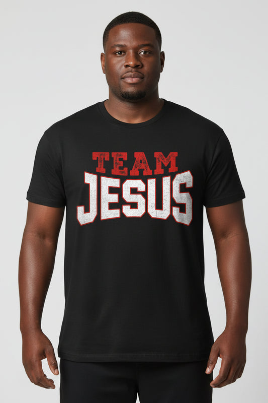 Black t-shirt with 'Team Jesus' text in red and white on a white background