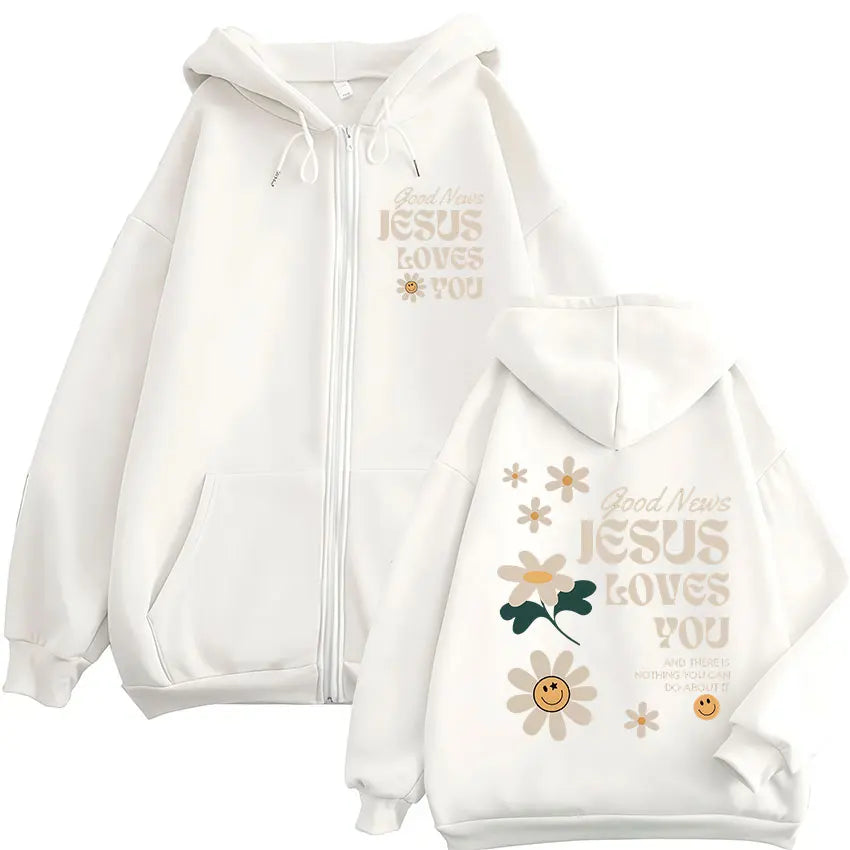 Good News, Jesus Loves You Zip-Up Hoodie | Christian Floral Graphic Sweatshirt