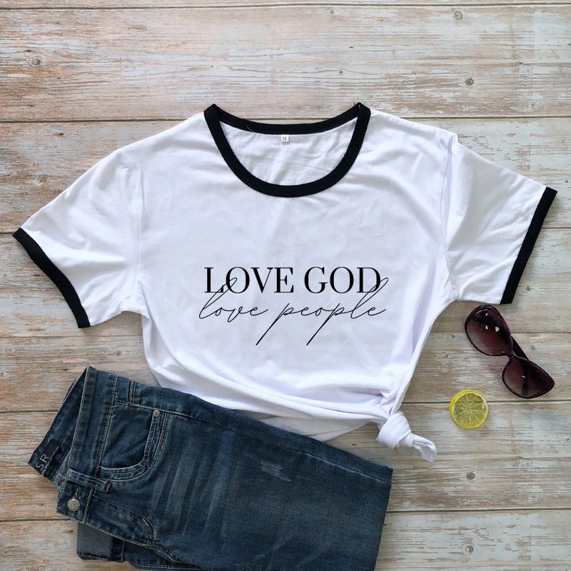 White t-shirt with 'LOVE GOD love people' text